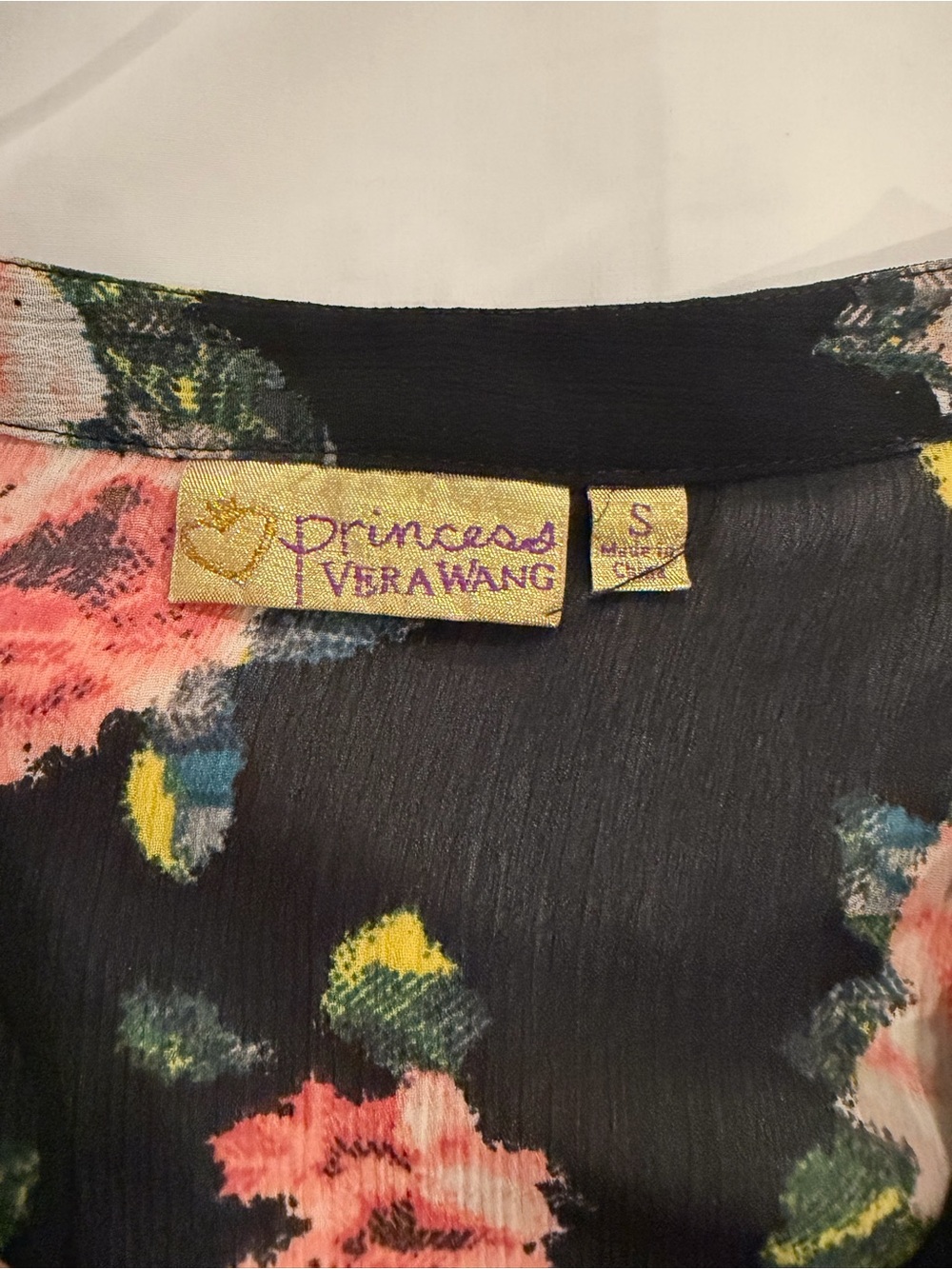 Princess Vera Wang Black Floral Sheer Top with Pink and Yellow Accents